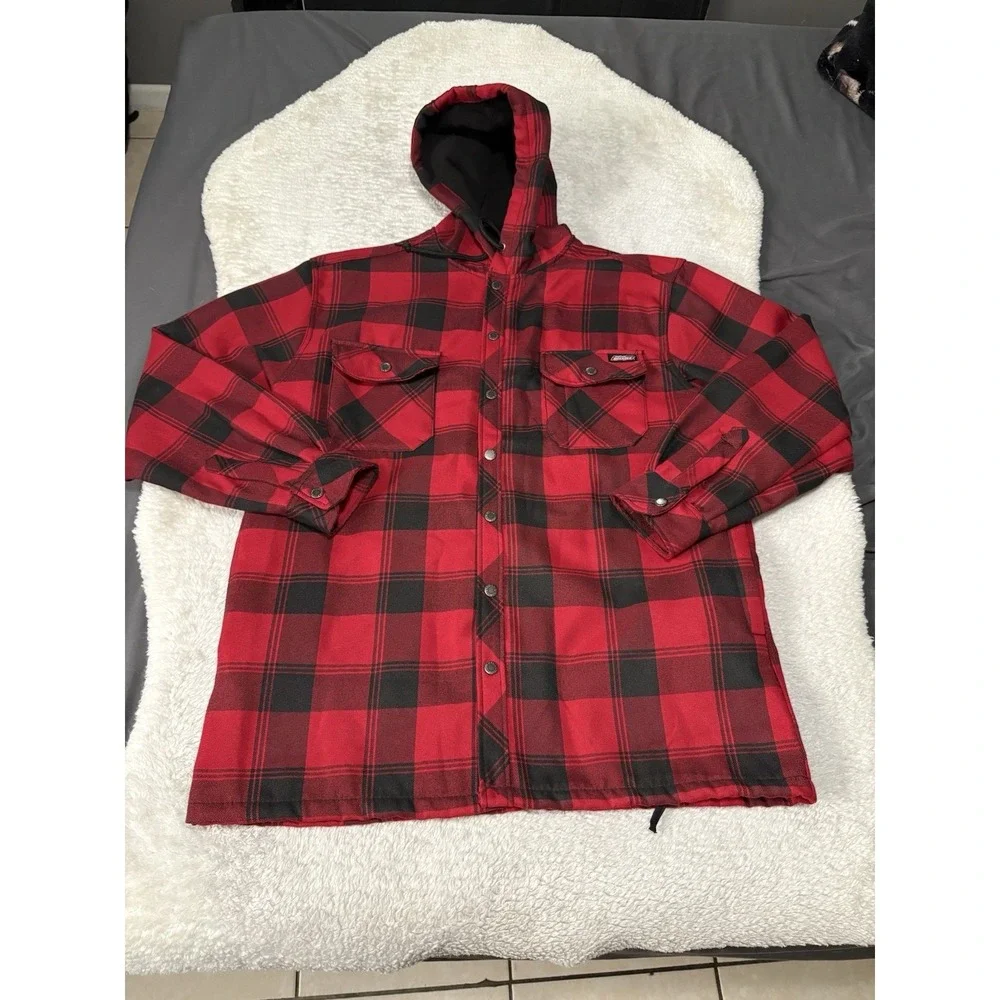 Dickie's Fleece-Lined Shacket Mens L Red Buffalo Plaid Snap Front Shirt Jacket